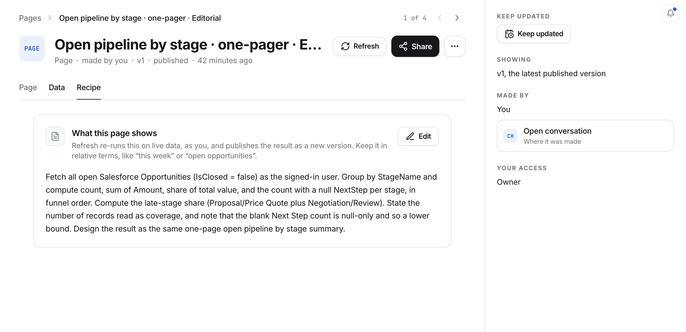 Open page titled Open pipeline by stage, with Refresh and Share, Page, Data, and Recipe tabs, and Keep updated in the side panel.
