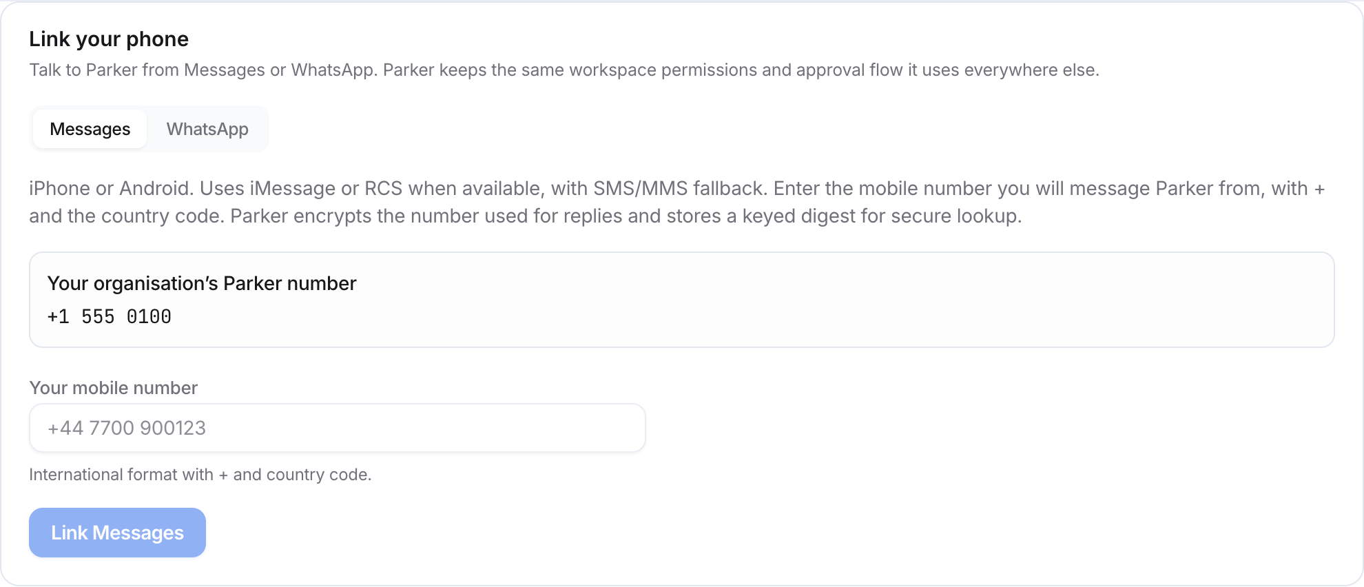Link your phone card with Messages and WhatsApp tabs, your organisation's Parker number, a mobile number field, and a Link Messages button.
