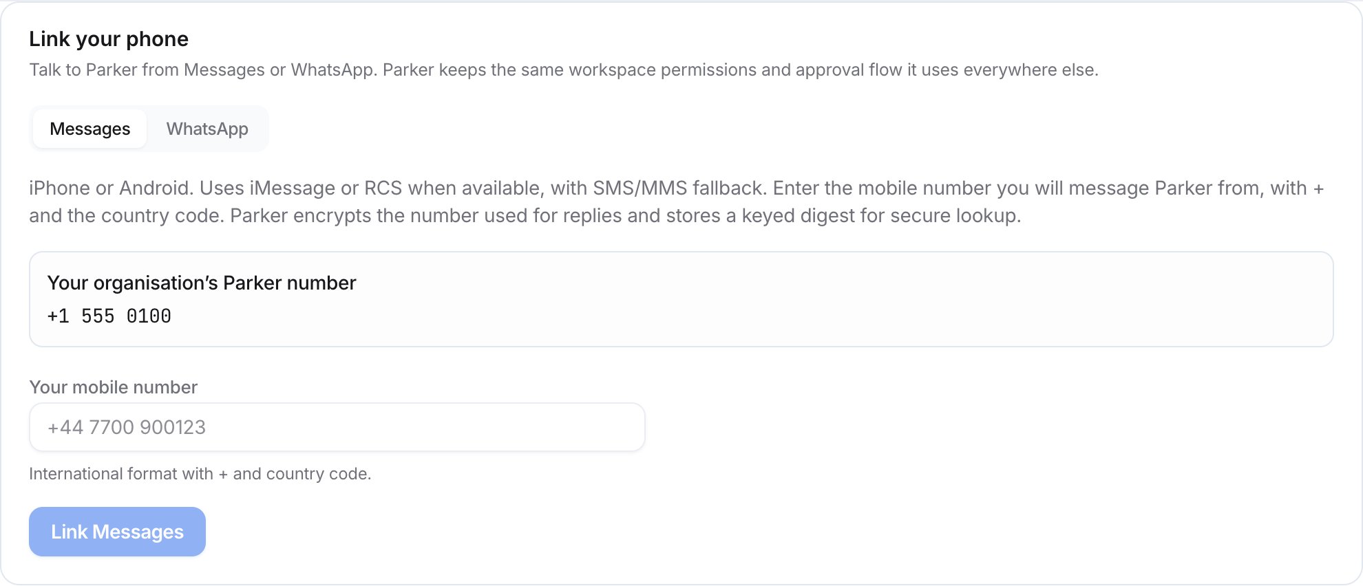 Link your phone card with Messages and WhatsApp tabs, your organisation's Parker number, a mobile number field, and a Link Messages button.