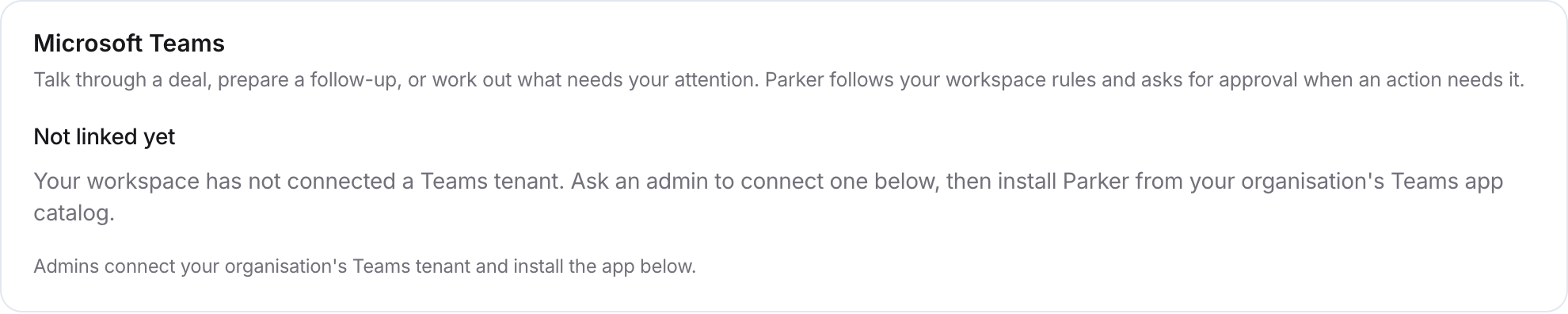 Microsoft Teams card showing Not linked yet and a note that the workspace has not connected a Teams tenant.