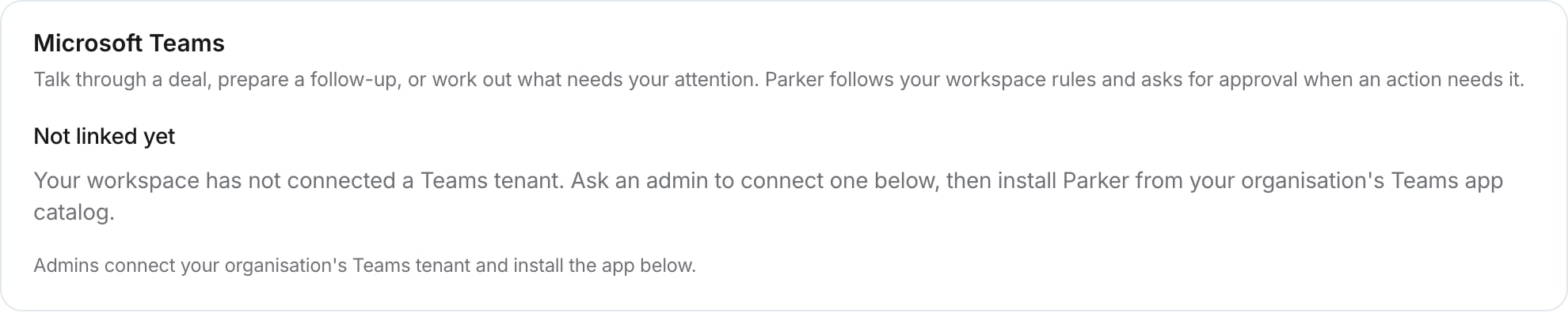 Microsoft Teams card showing Not linked yet and a note that the workspace has not connected a Teams tenant.