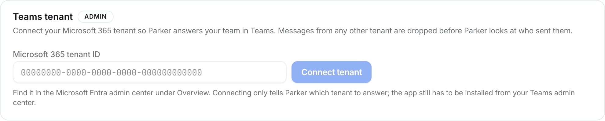 Teams tenant card, marked Admin, with a Microsoft 365 tenant ID field and a Connect tenant button.