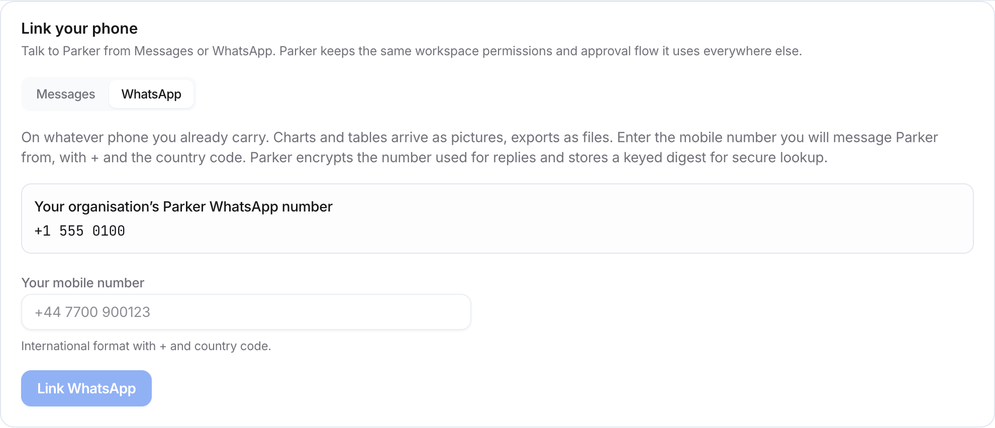 Link your phone card on the WhatsApp tab, with your organisation's Parker WhatsApp number, a mobile number field, and a Link WhatsApp button.