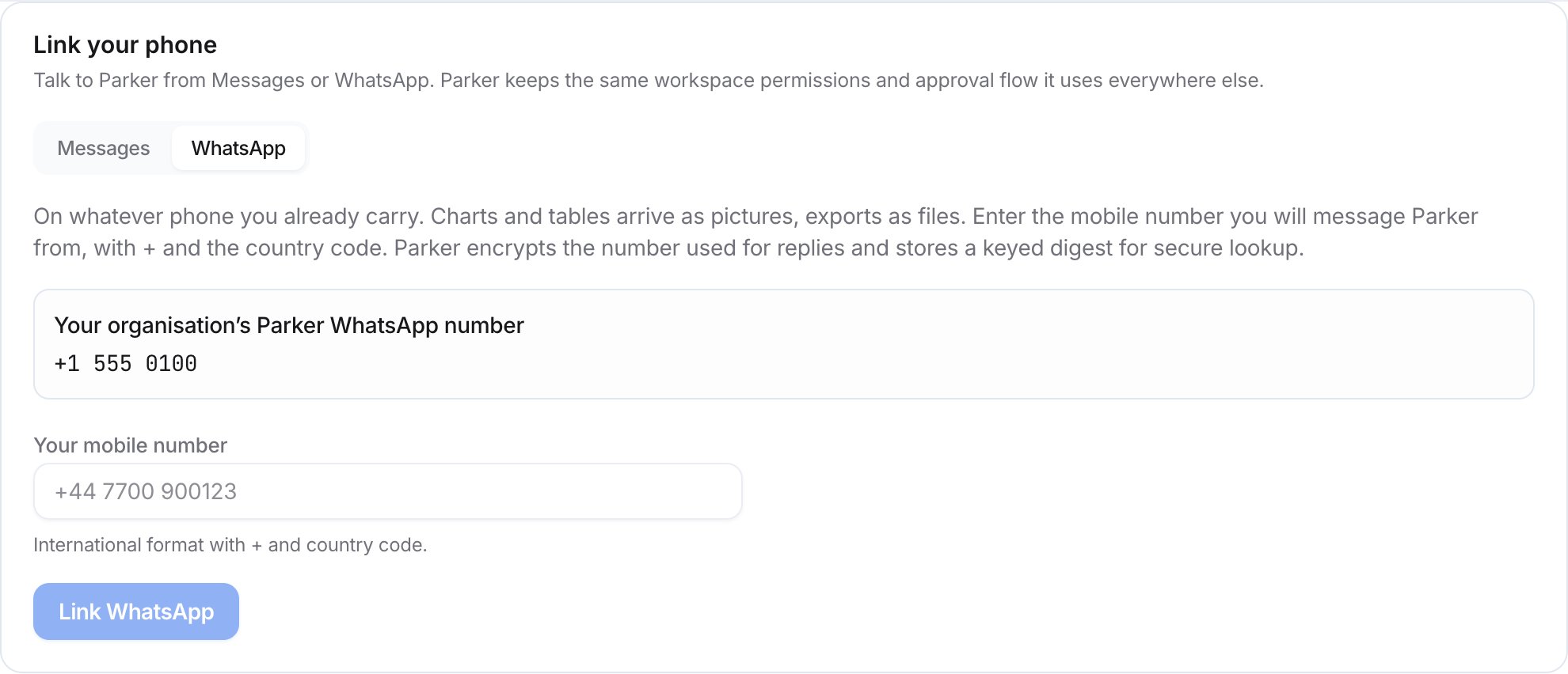 Link your phone card on the WhatsApp tab, with your organisation's Parker WhatsApp number, a mobile number field, and a Link WhatsApp button.