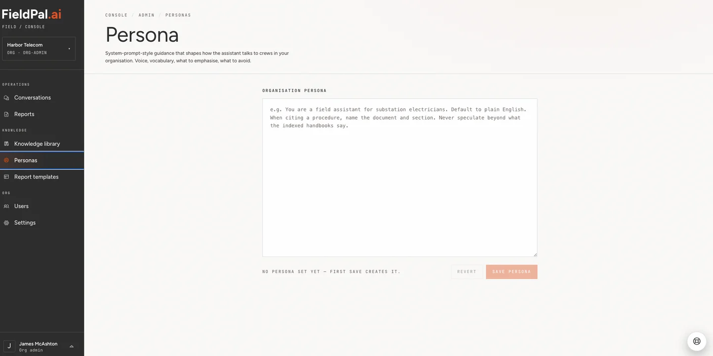 Persona page showing the organisation persona text area