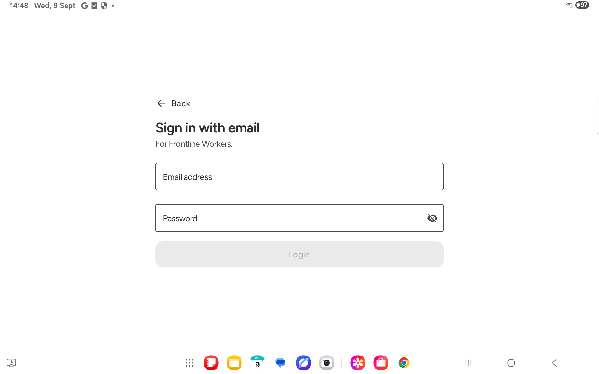 Sign in with email screen, for frontline workers