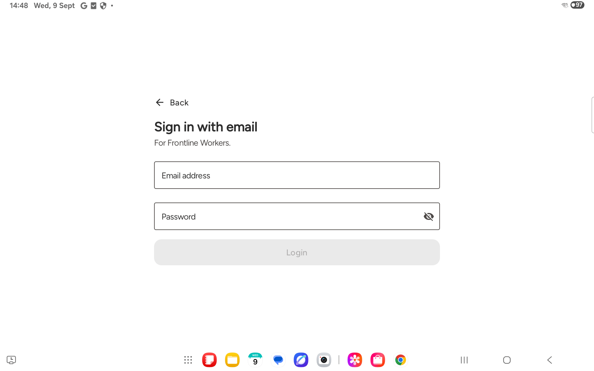 Sign in with email screen, for frontline workers