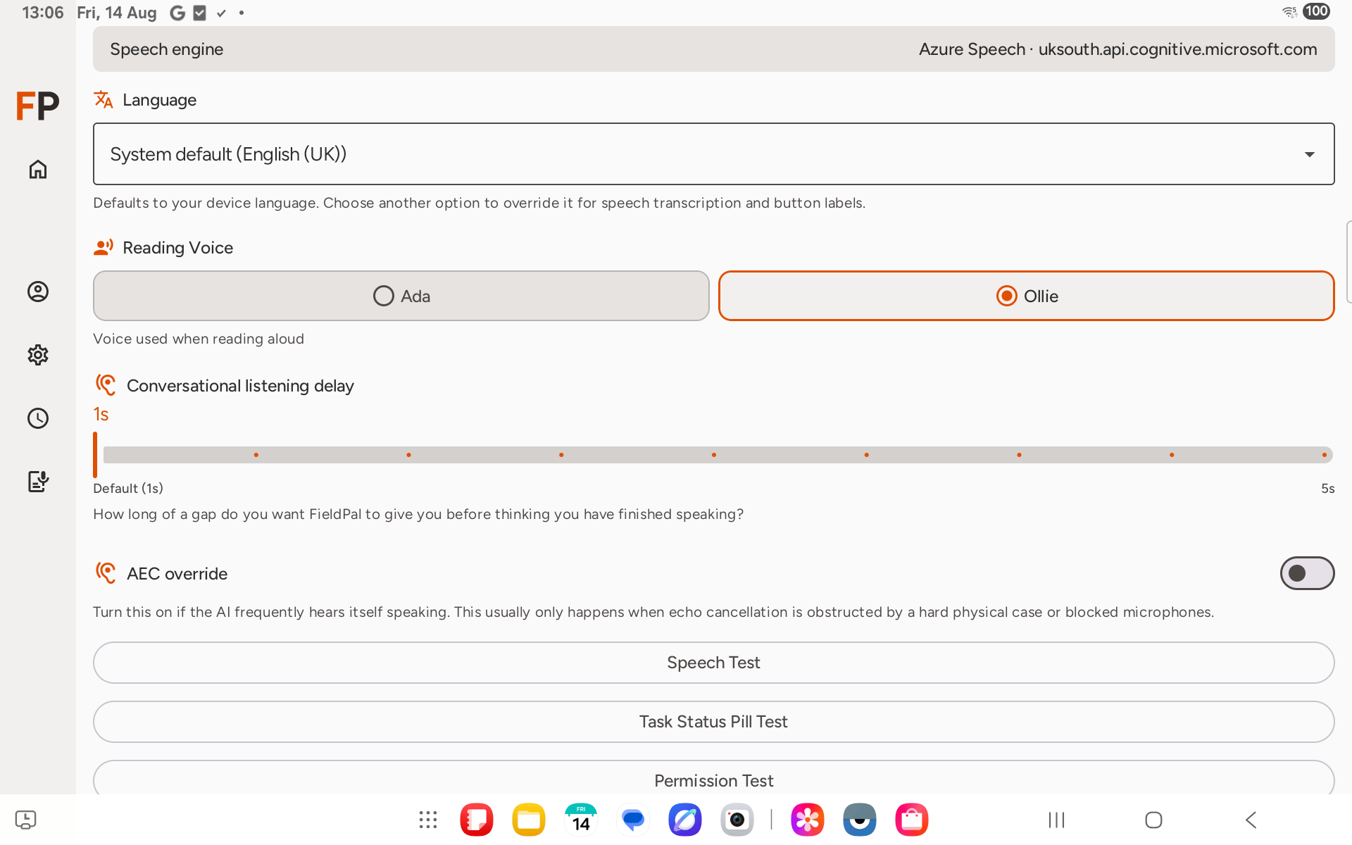 AEC override toggle switched off in FieldPal settings