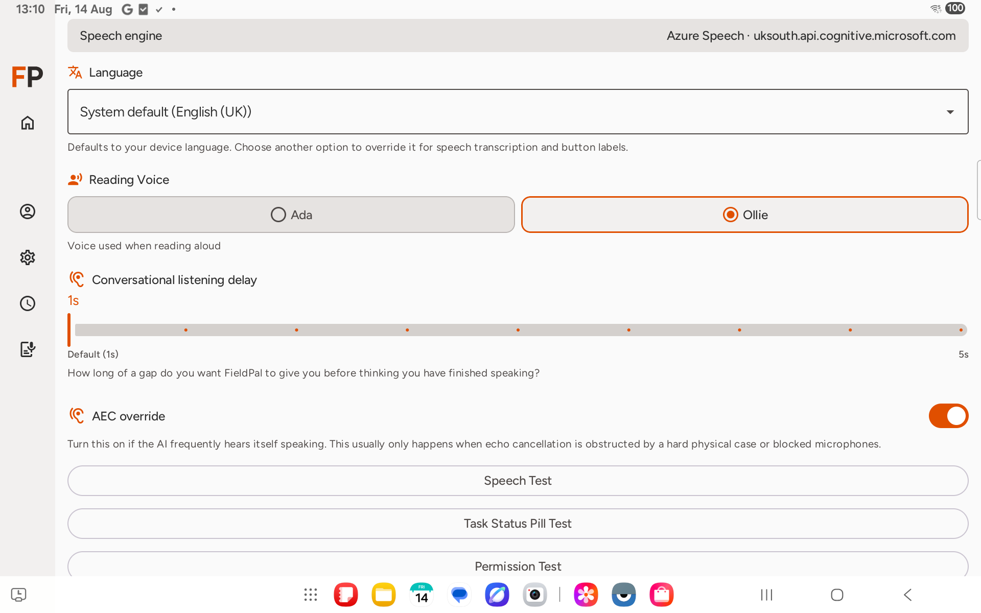 AEC override toggle switched on in FieldPal settings