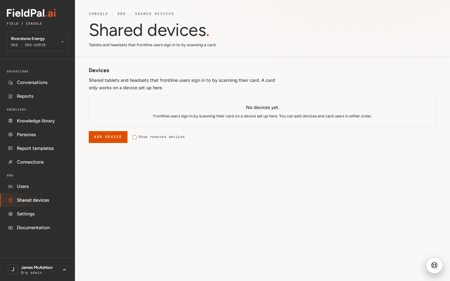 Shared devices page with no devices registered yet