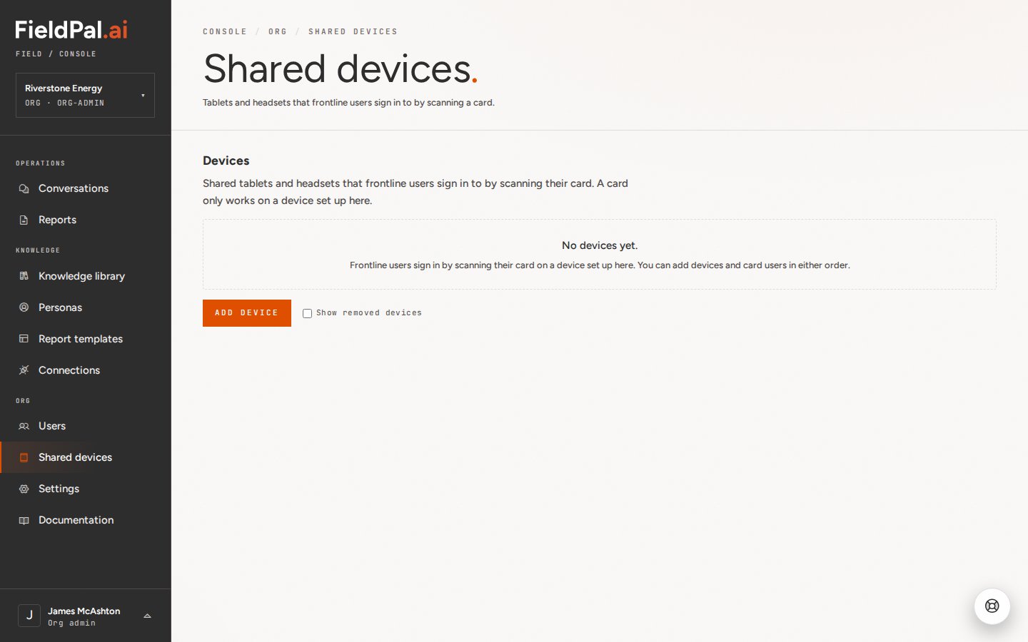 Shared devices page with no devices registered yet