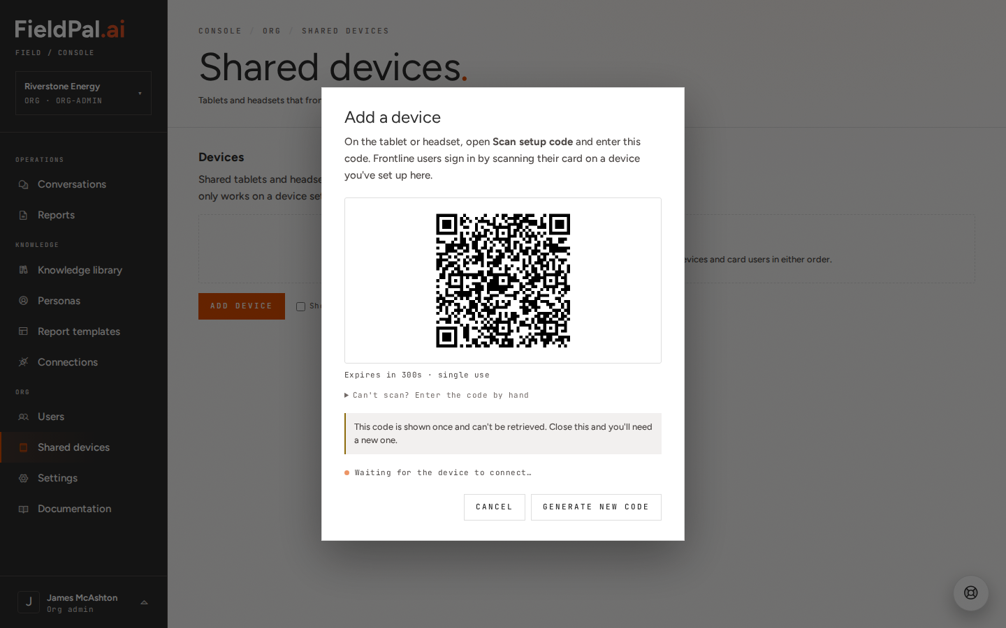 Add a device dialog showing a QR setup code