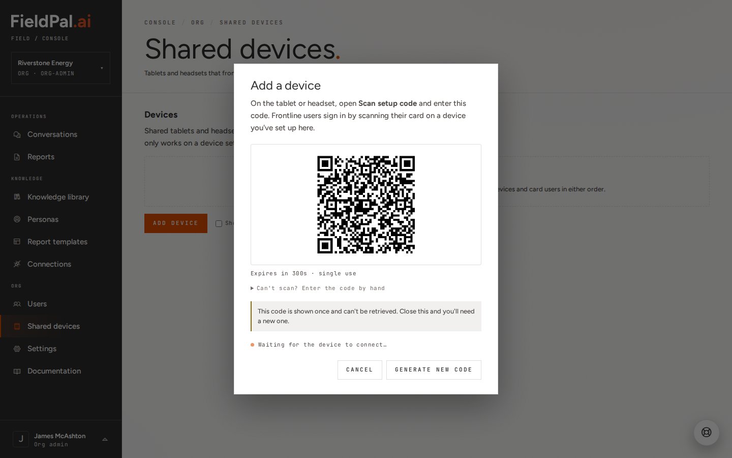 Add a device dialog showing a QR setup code