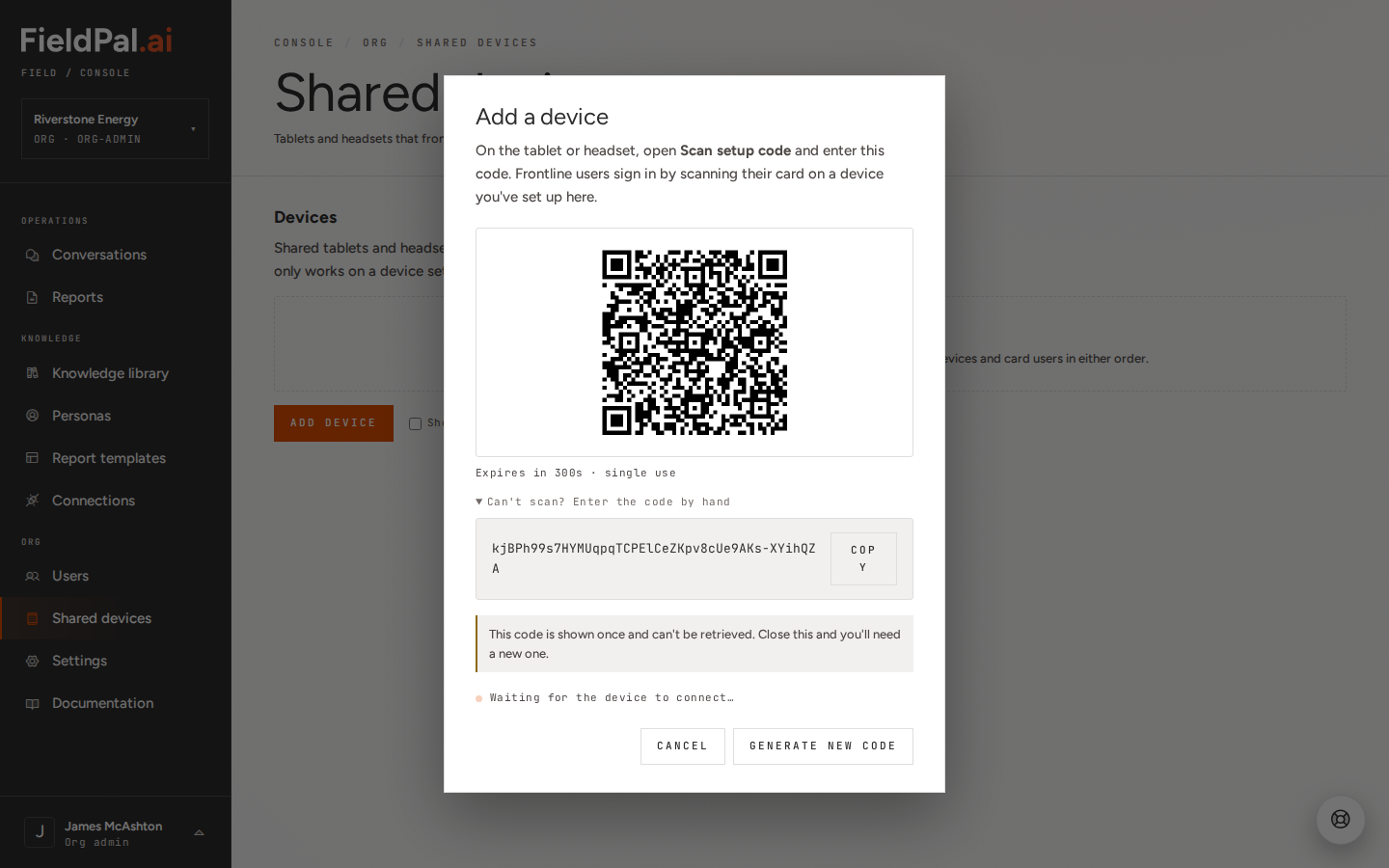 Add a device dialog with the manual entry code revealed