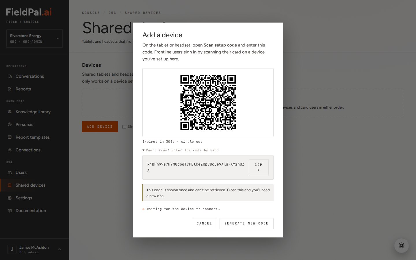 Add a device dialog with the manual entry code revealed