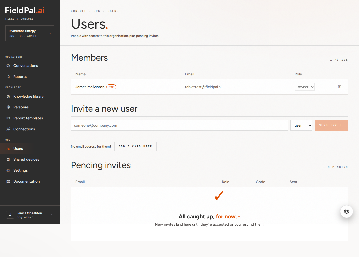 Users page listing organisation members