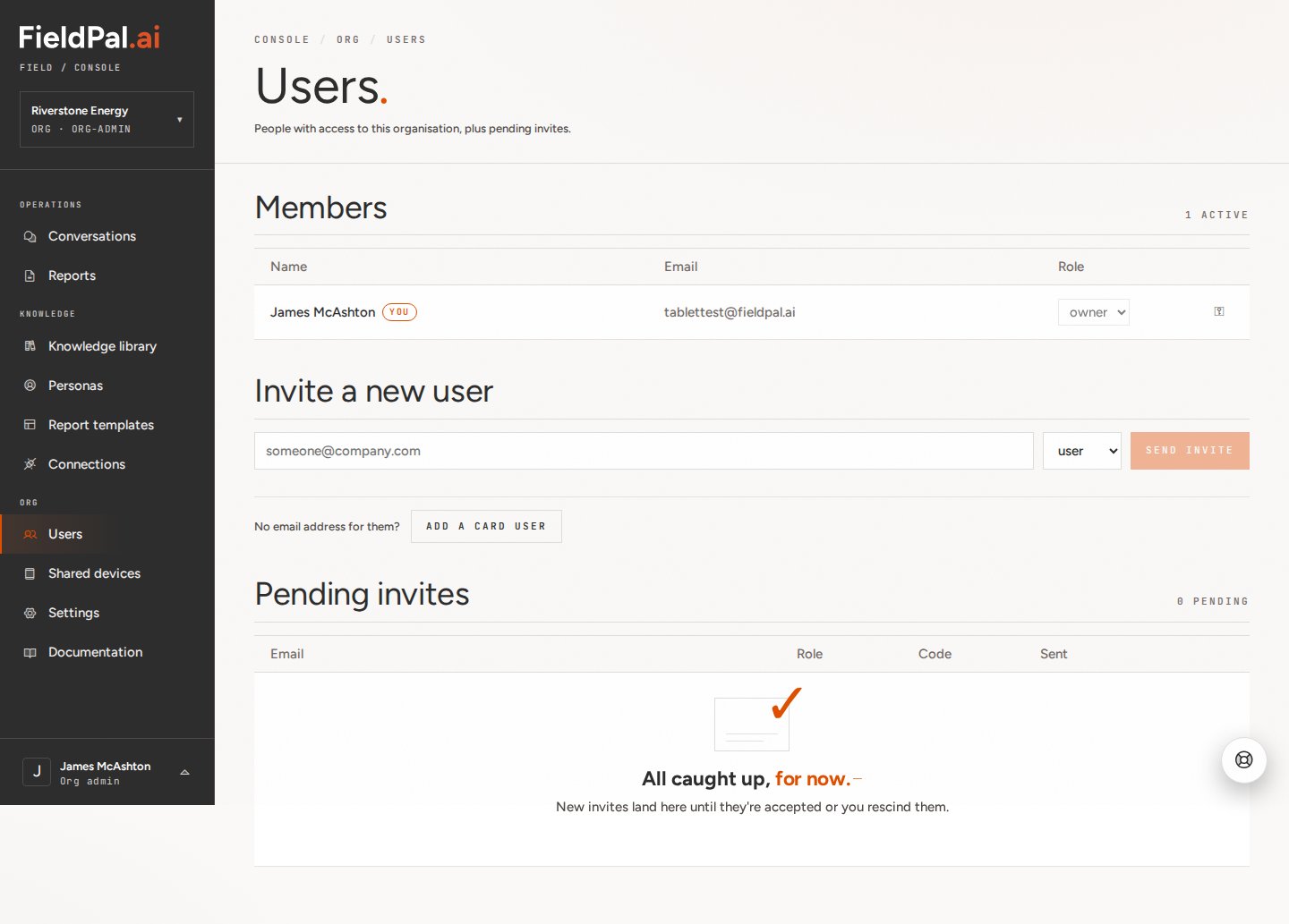 Users page listing organisation members