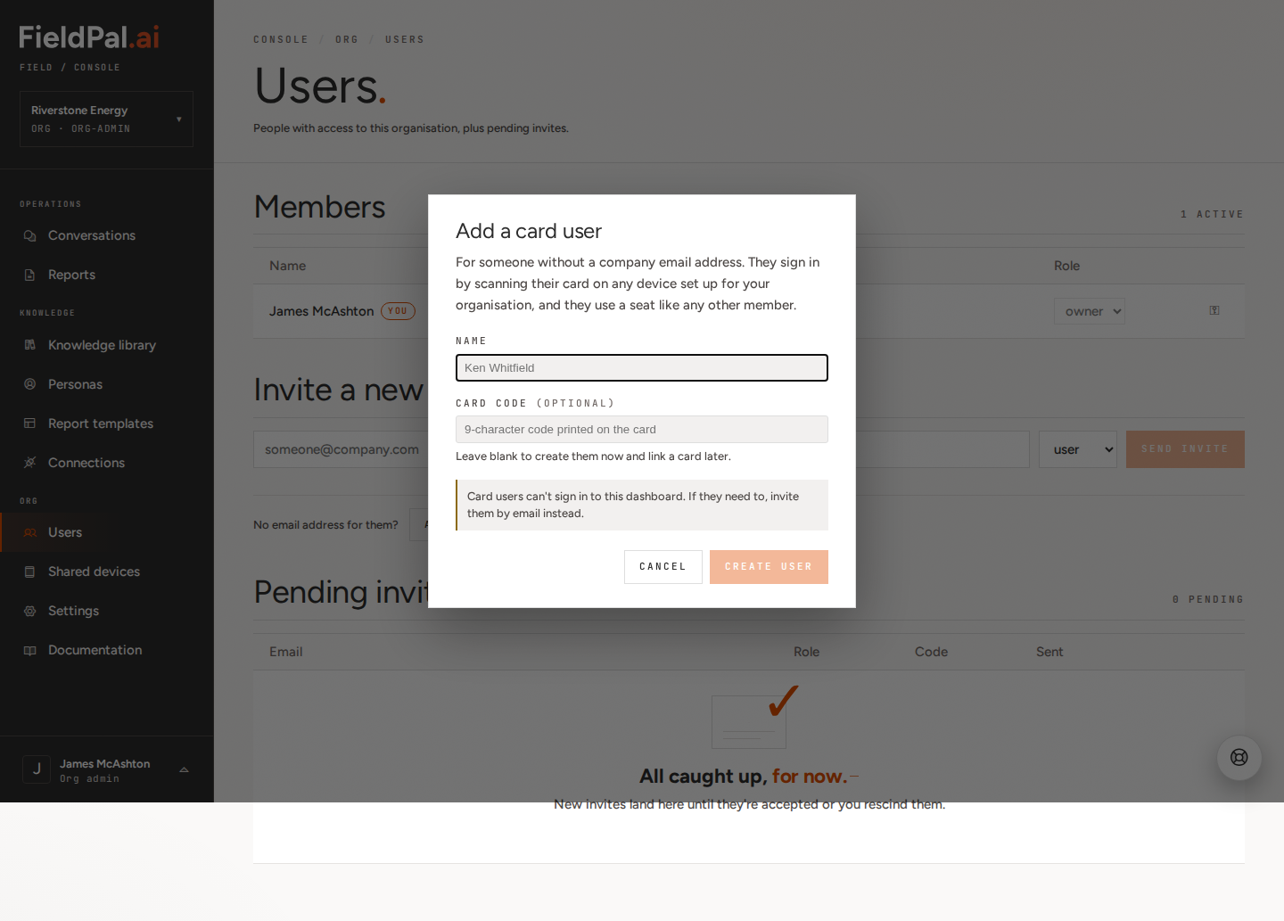 Add a card user dialog with empty name and card code fields