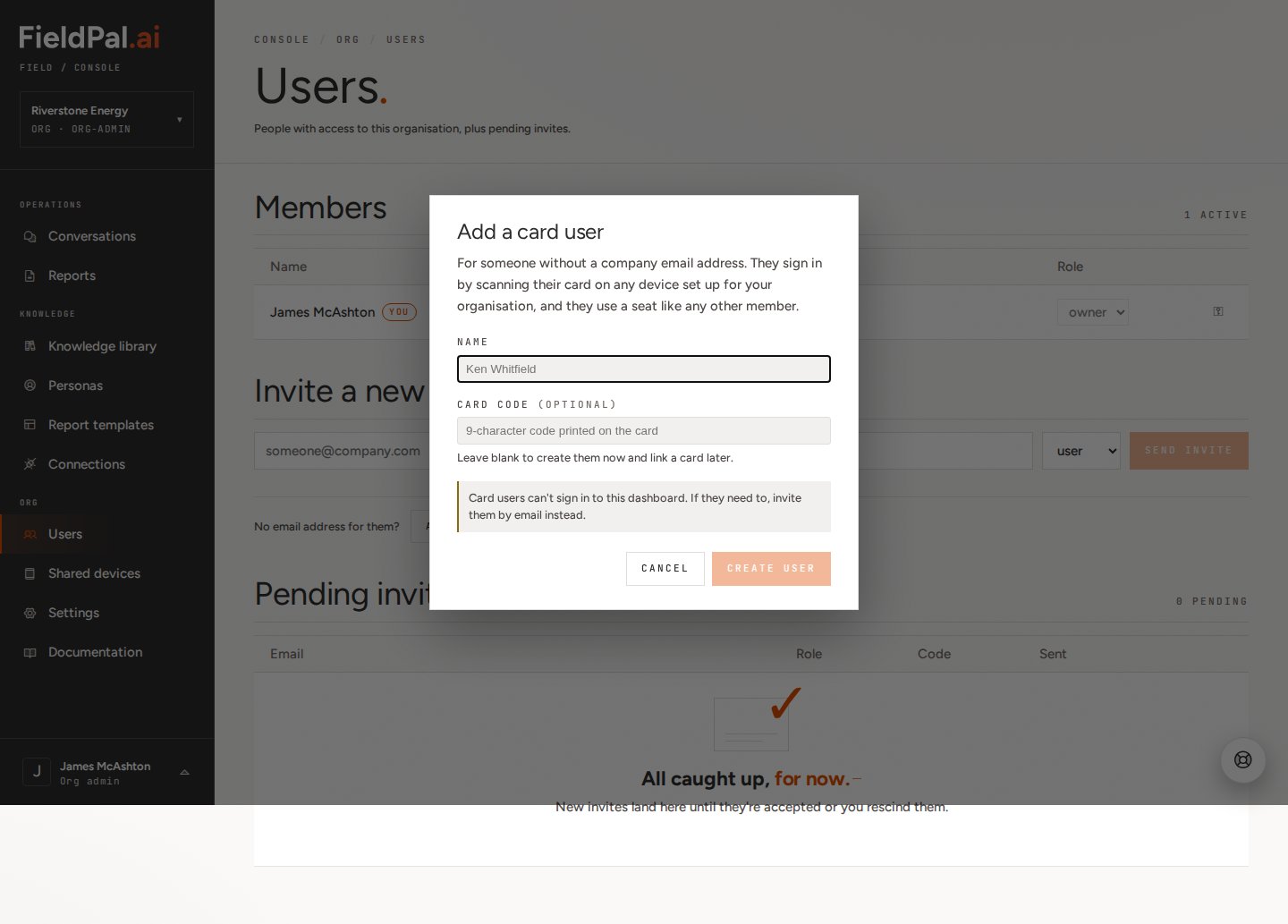 Add a card user dialog with empty name and card code fields