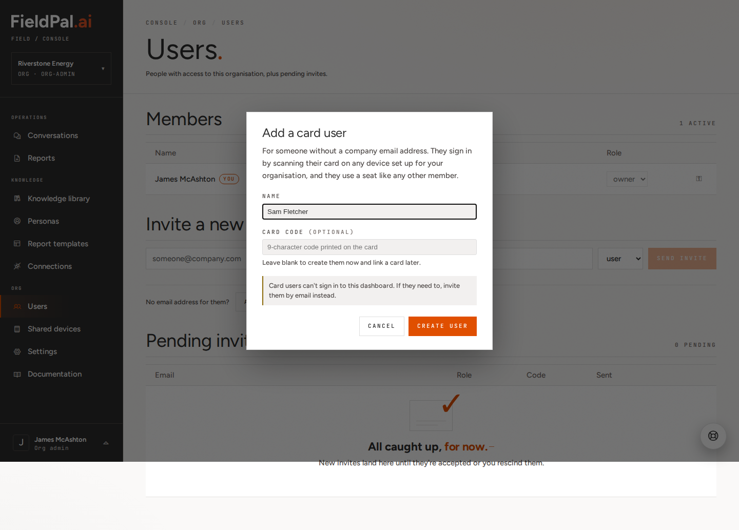 Add a card user dialog with the name field filled in
