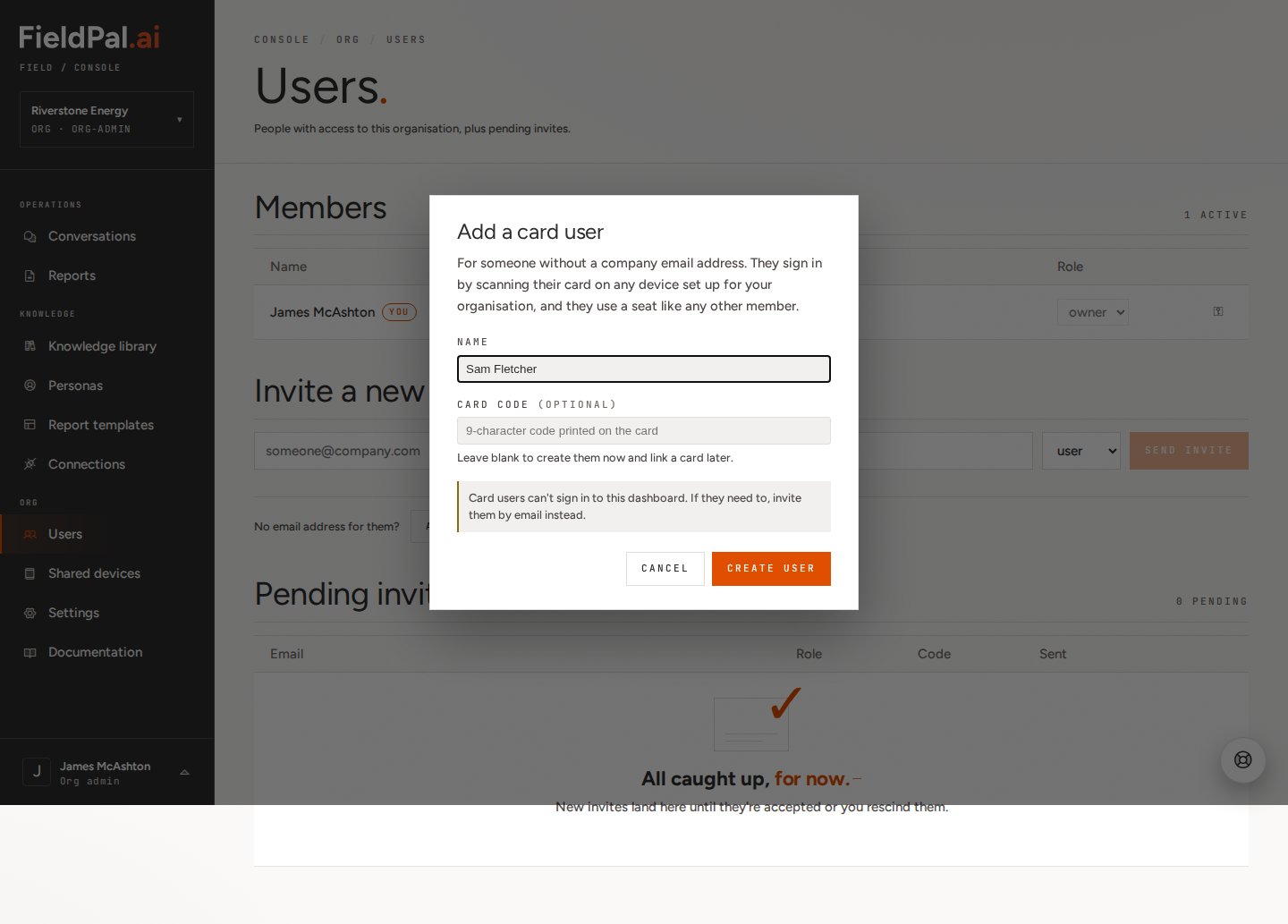 Add a card user dialog with the name field filled in
