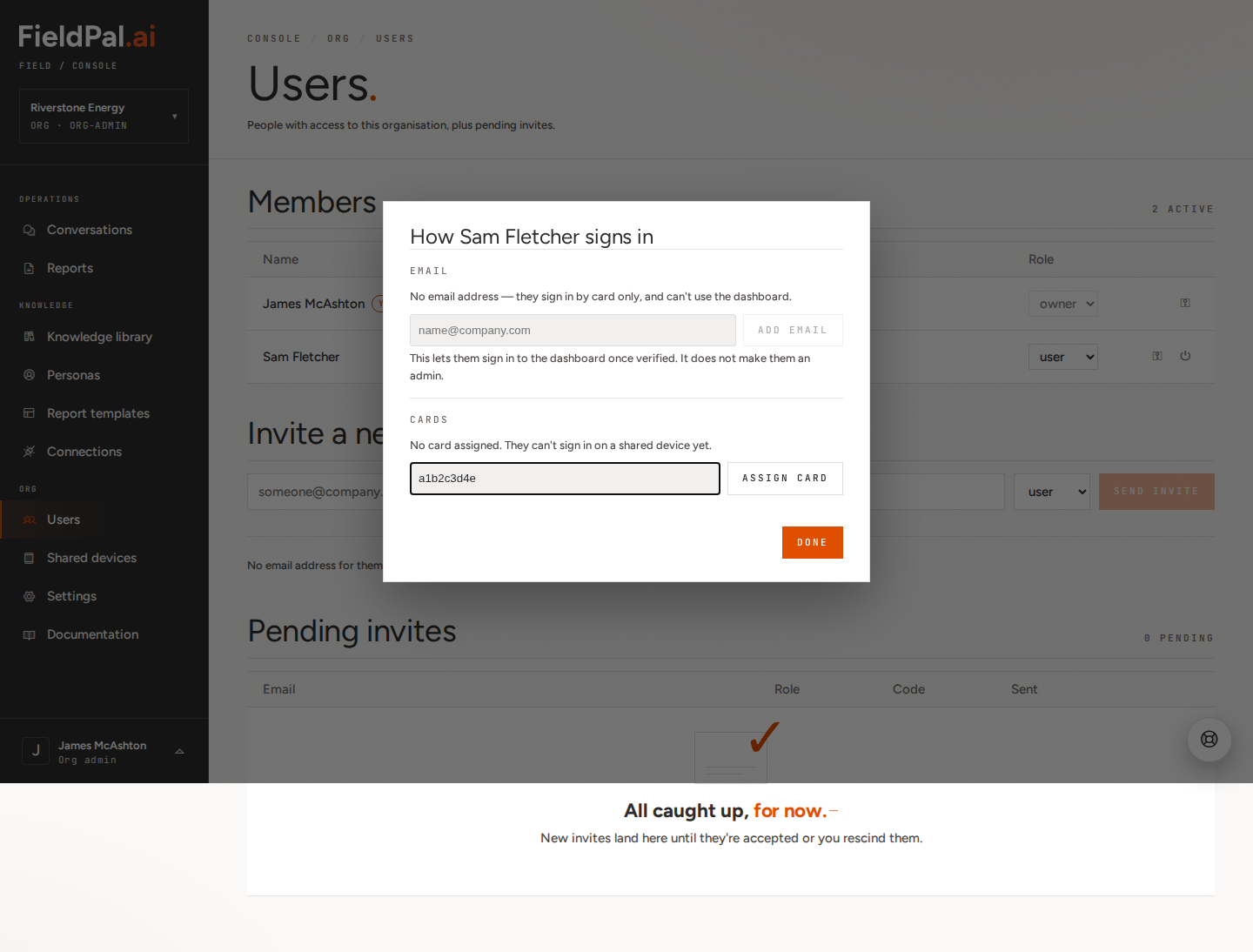 Login methods dialog with a card code entered
