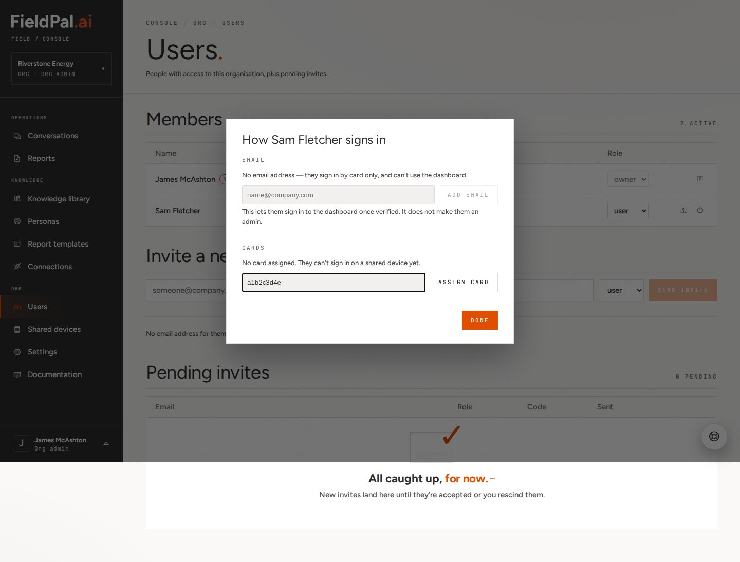 Login methods dialog with a card code entered