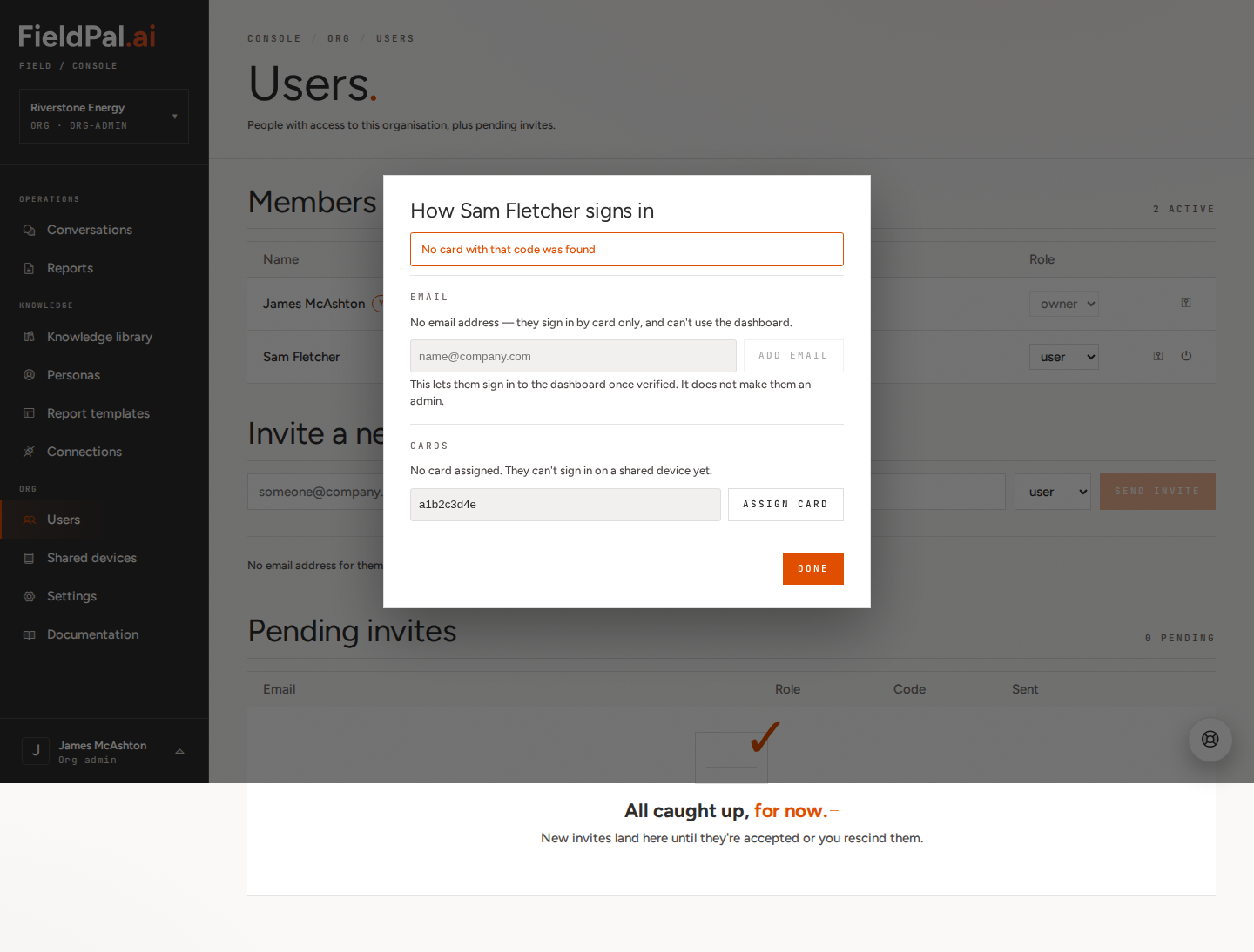 Login methods dialog showing "No card with that code was found"