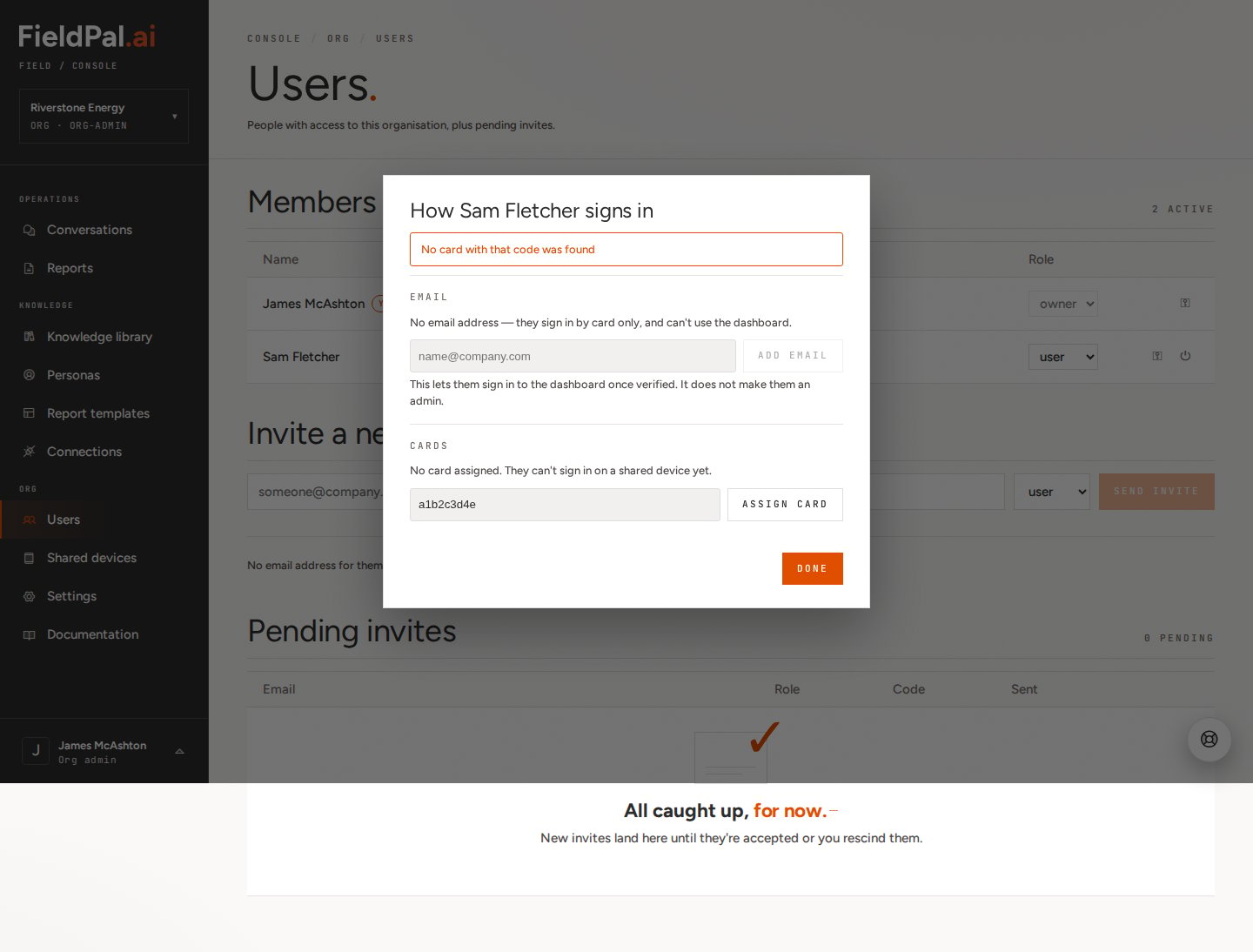 Login methods dialog showing "No card with that code was found"