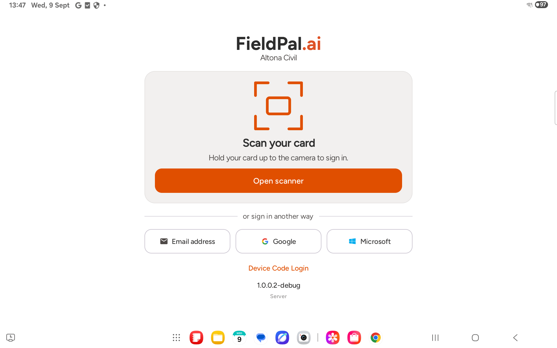FieldPal app sign-in screen showing "Scan your card"