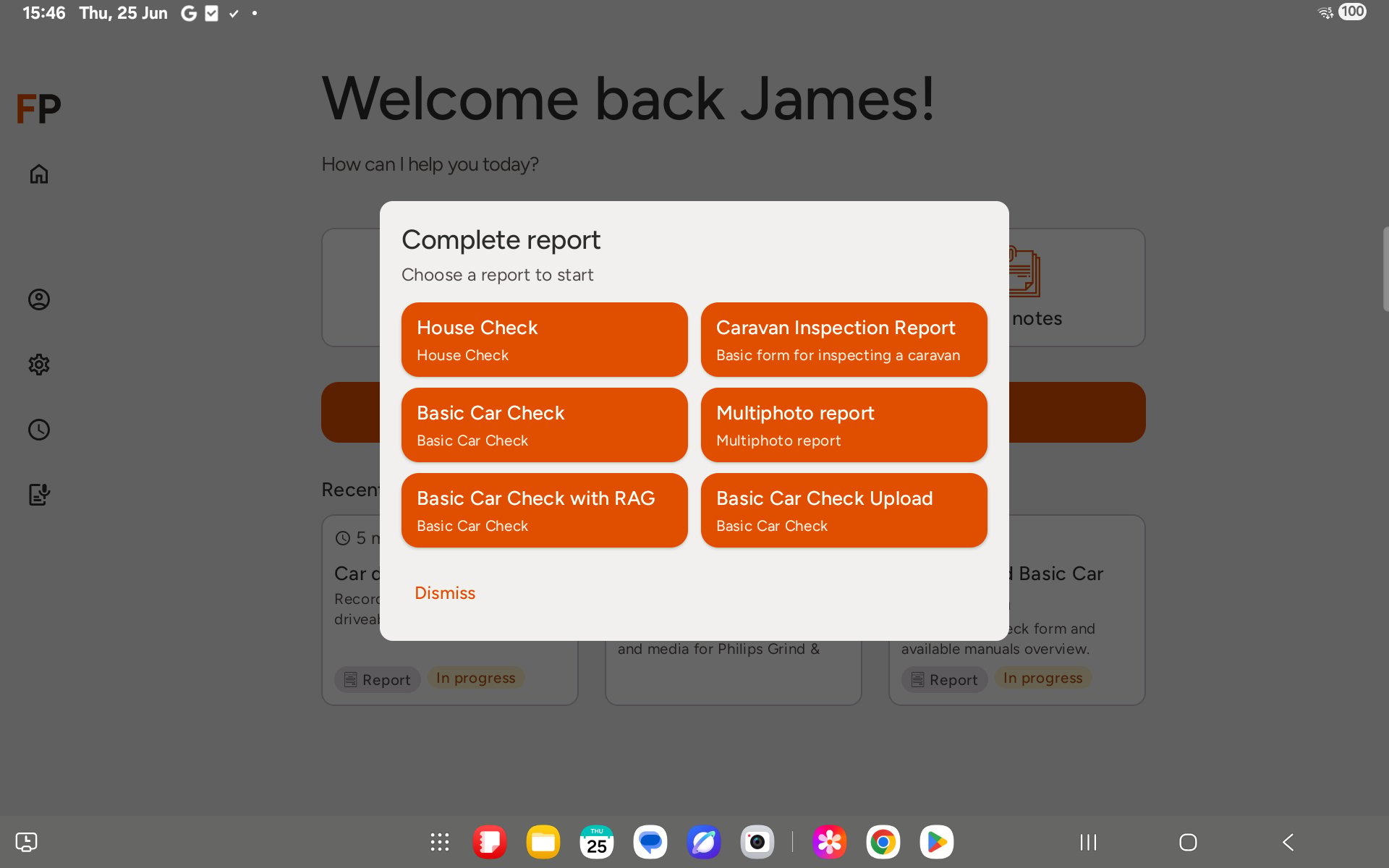 Report template selection screen