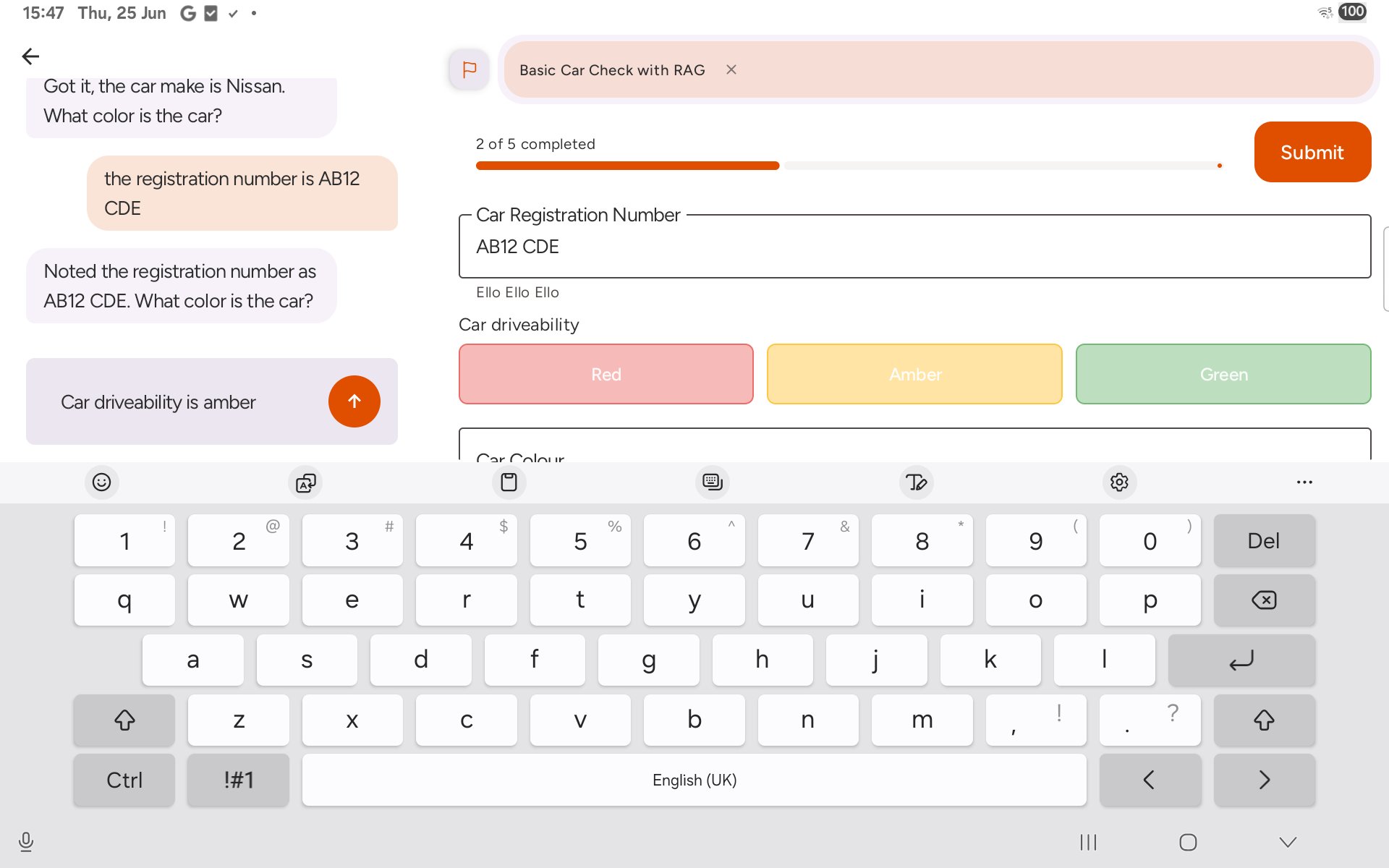 AI chat with a RAG rating being typed