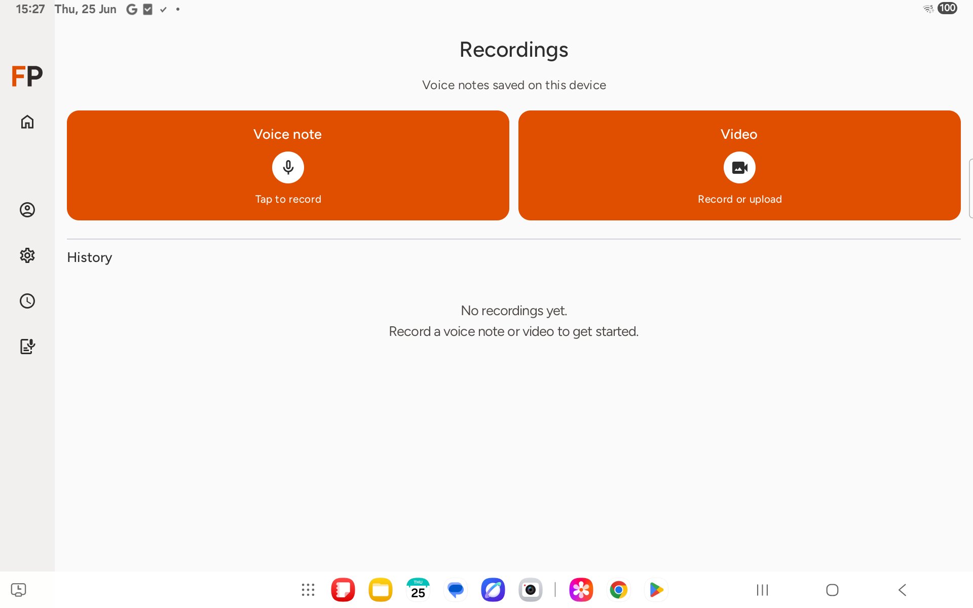 Recordings screen with Voice note and Video buttons and empty history