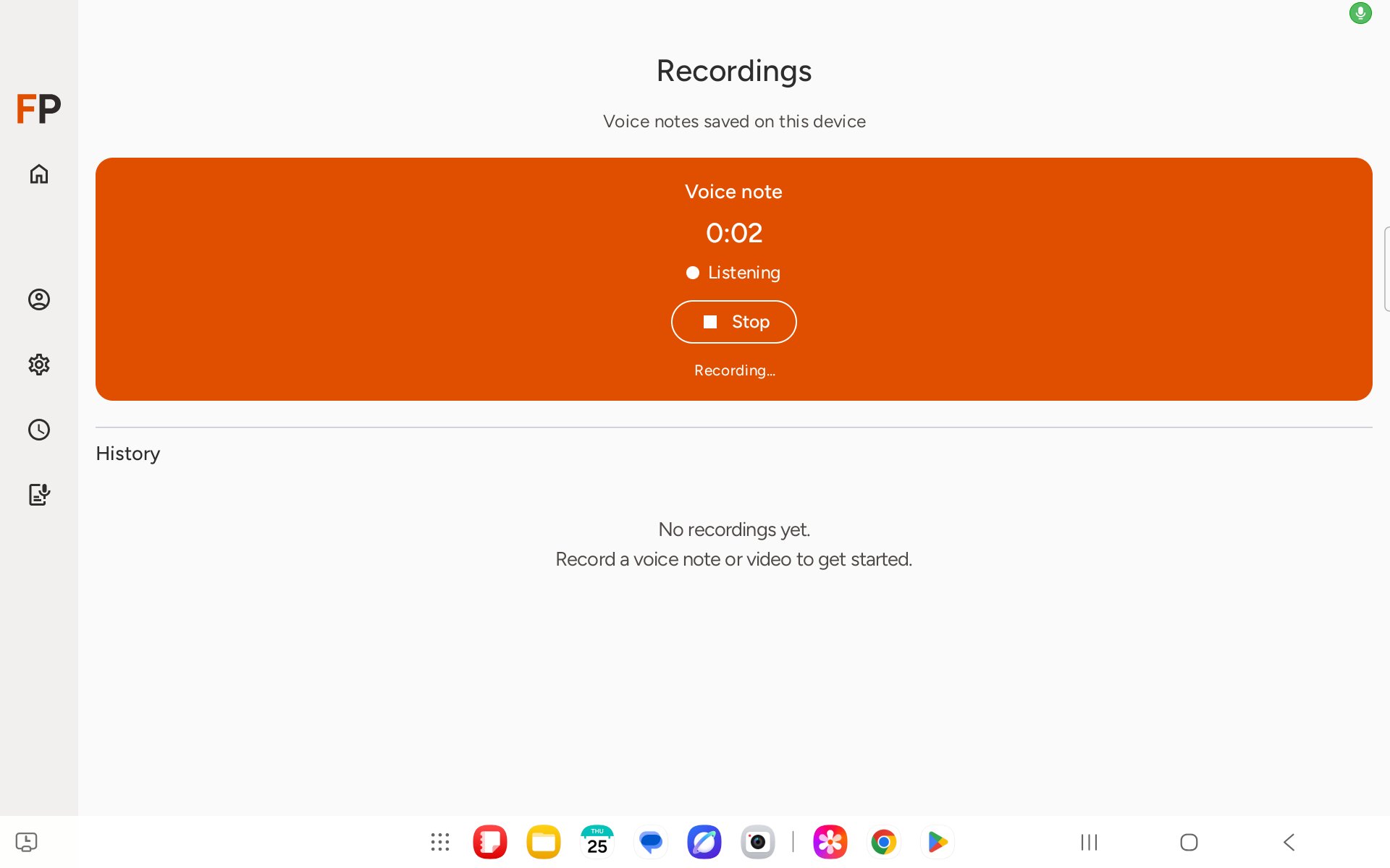 Recording in progress with Listening indicator and timer