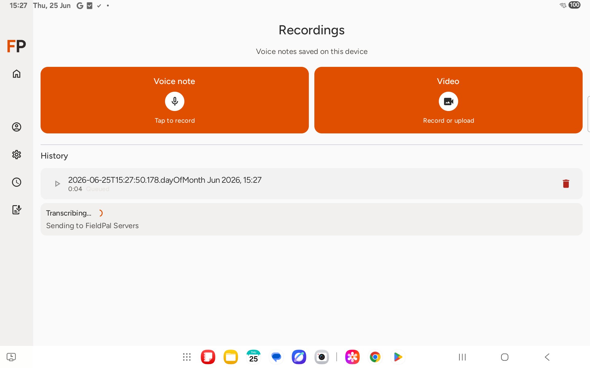 Recording in History list showing Queued status