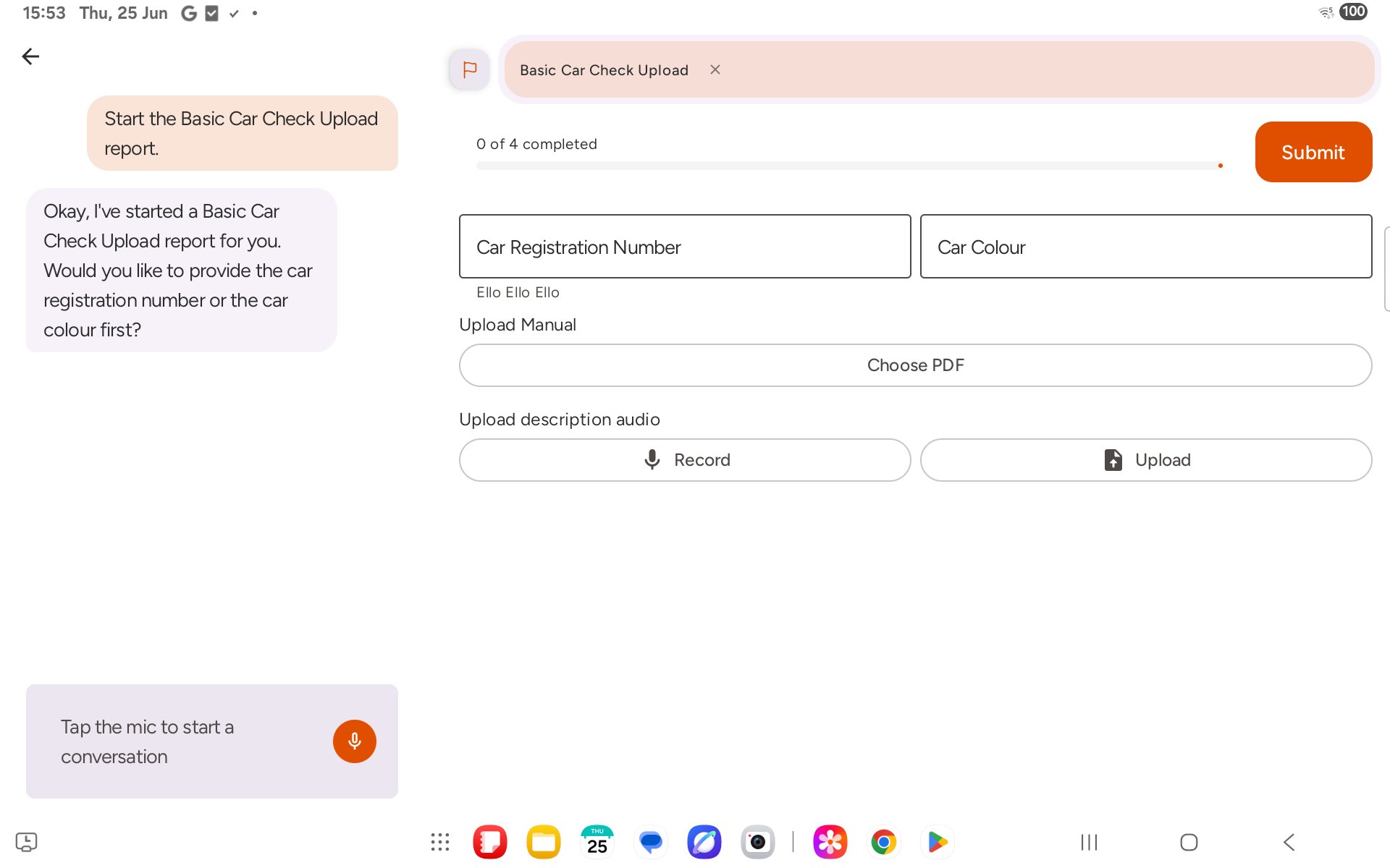 Report form showing empty PDF and audio upload fields