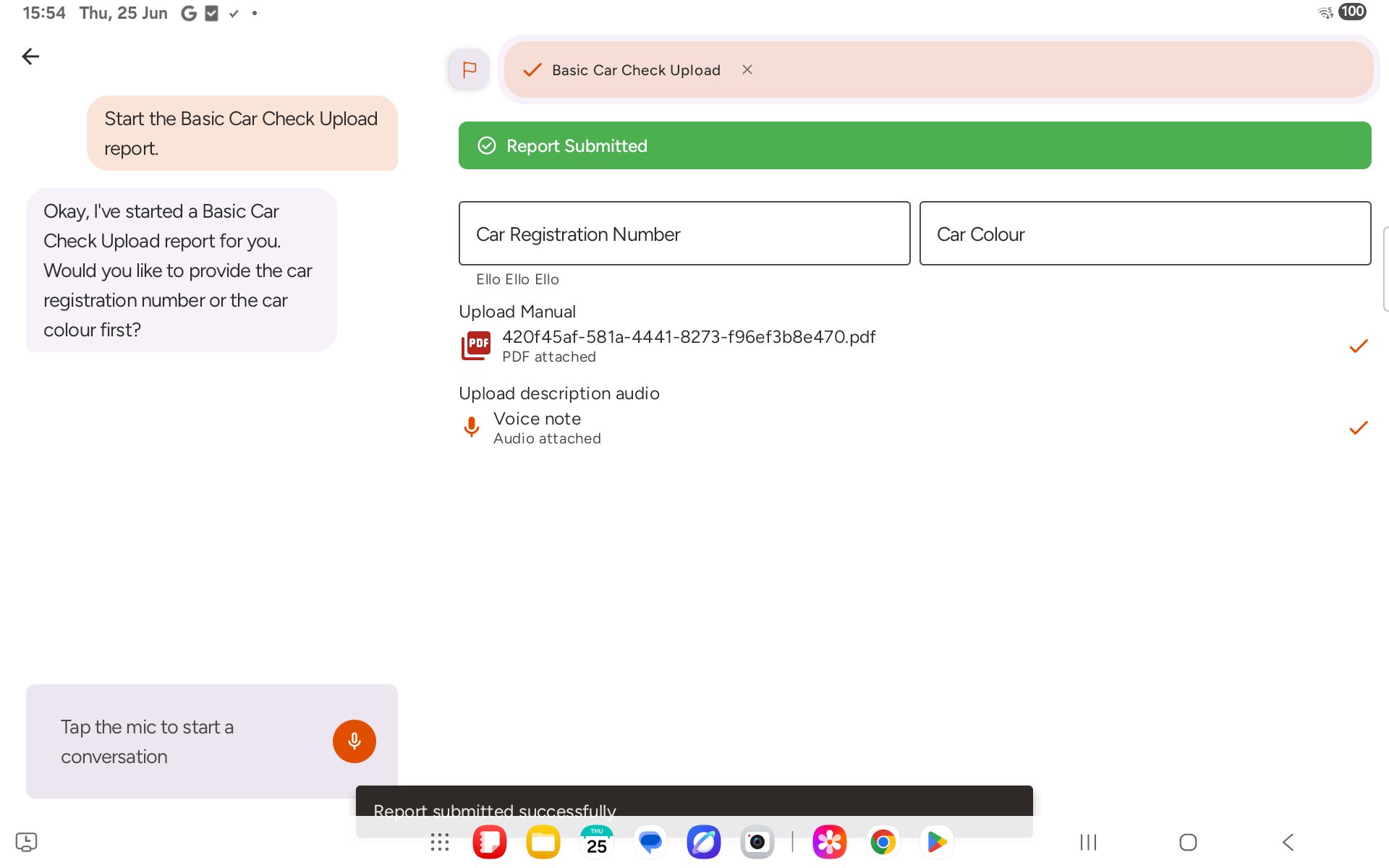 Completed report with submission confirmation