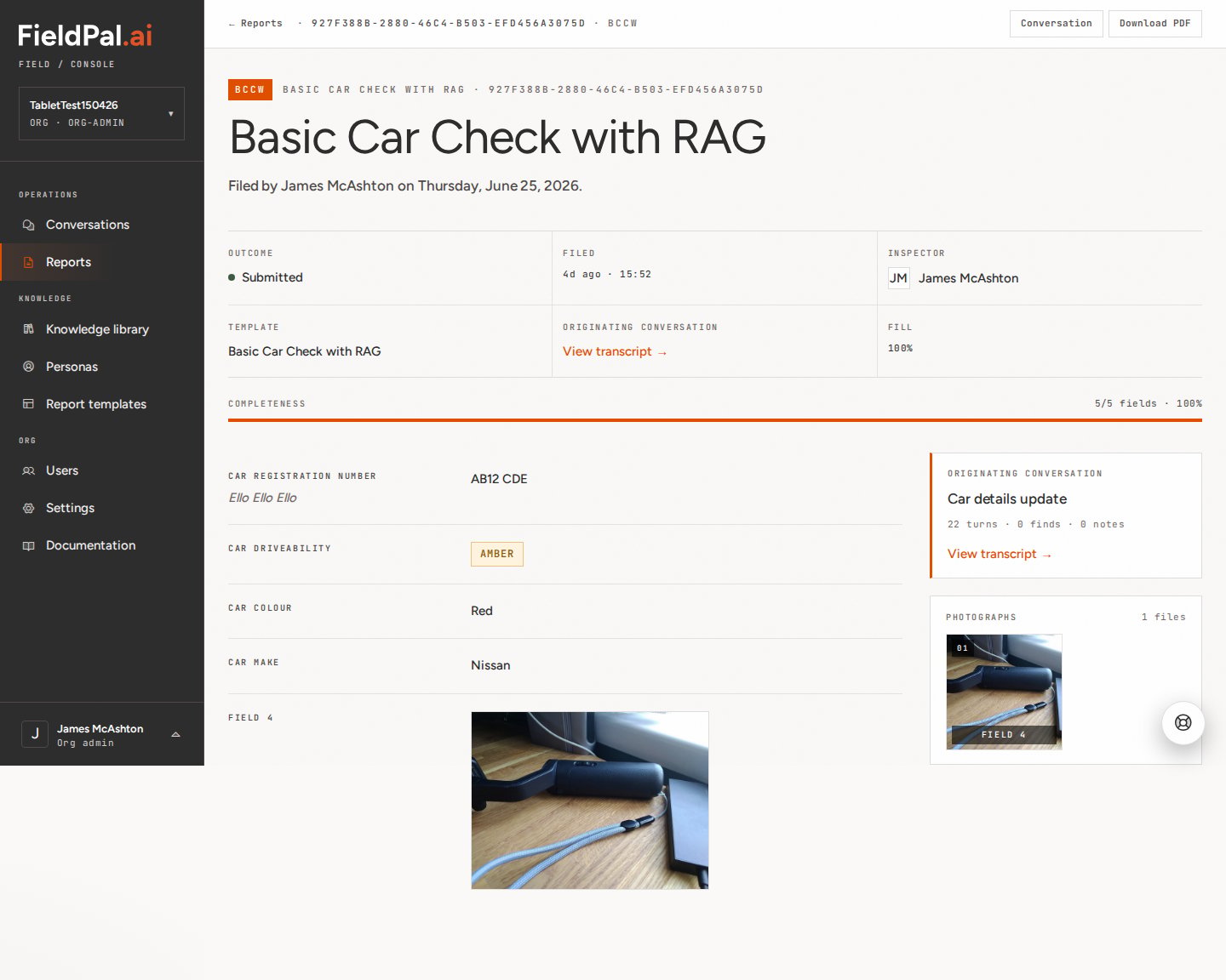 Report detail showing an Amber RAG badge on the Car driveability field