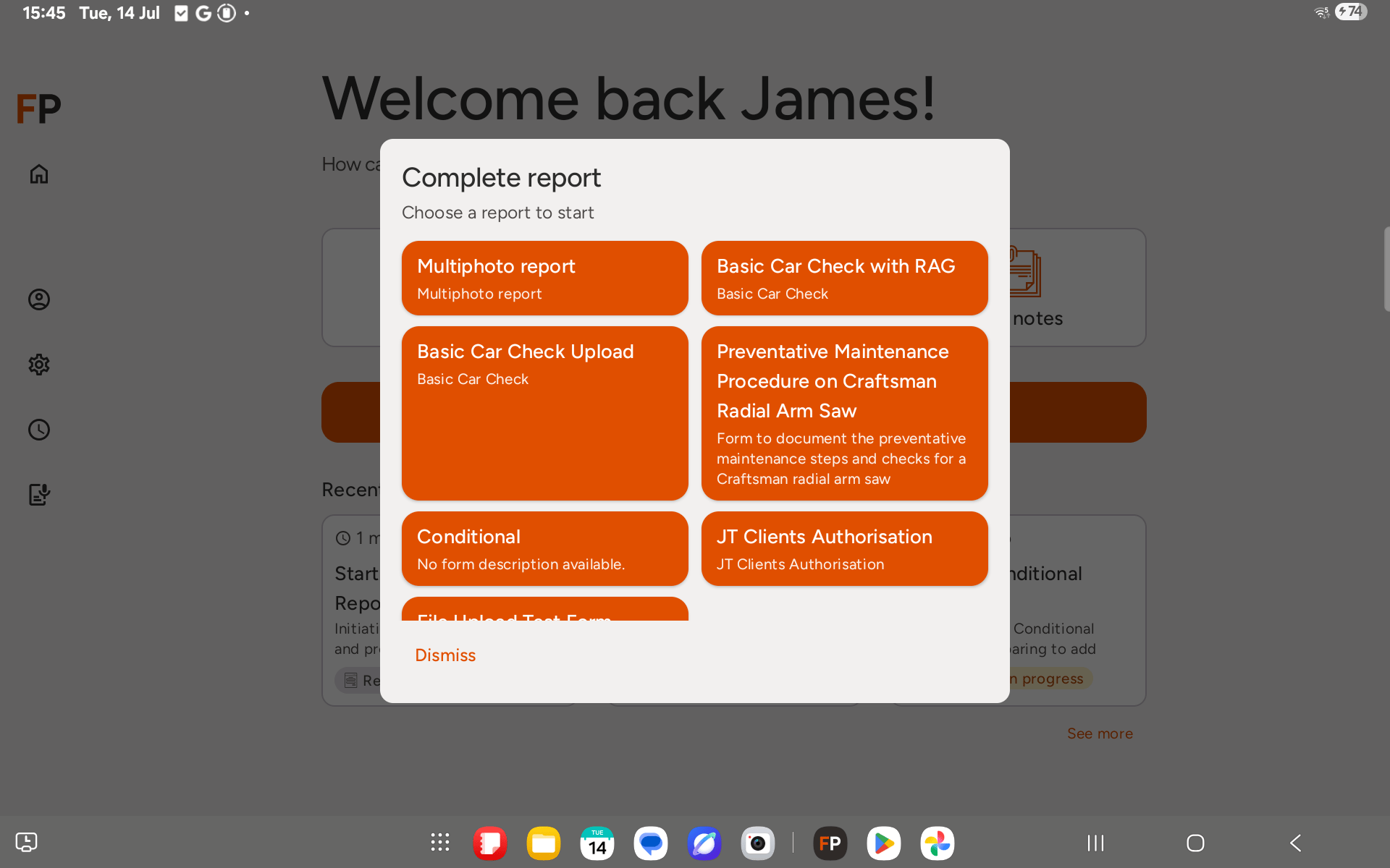 Report template selection screen