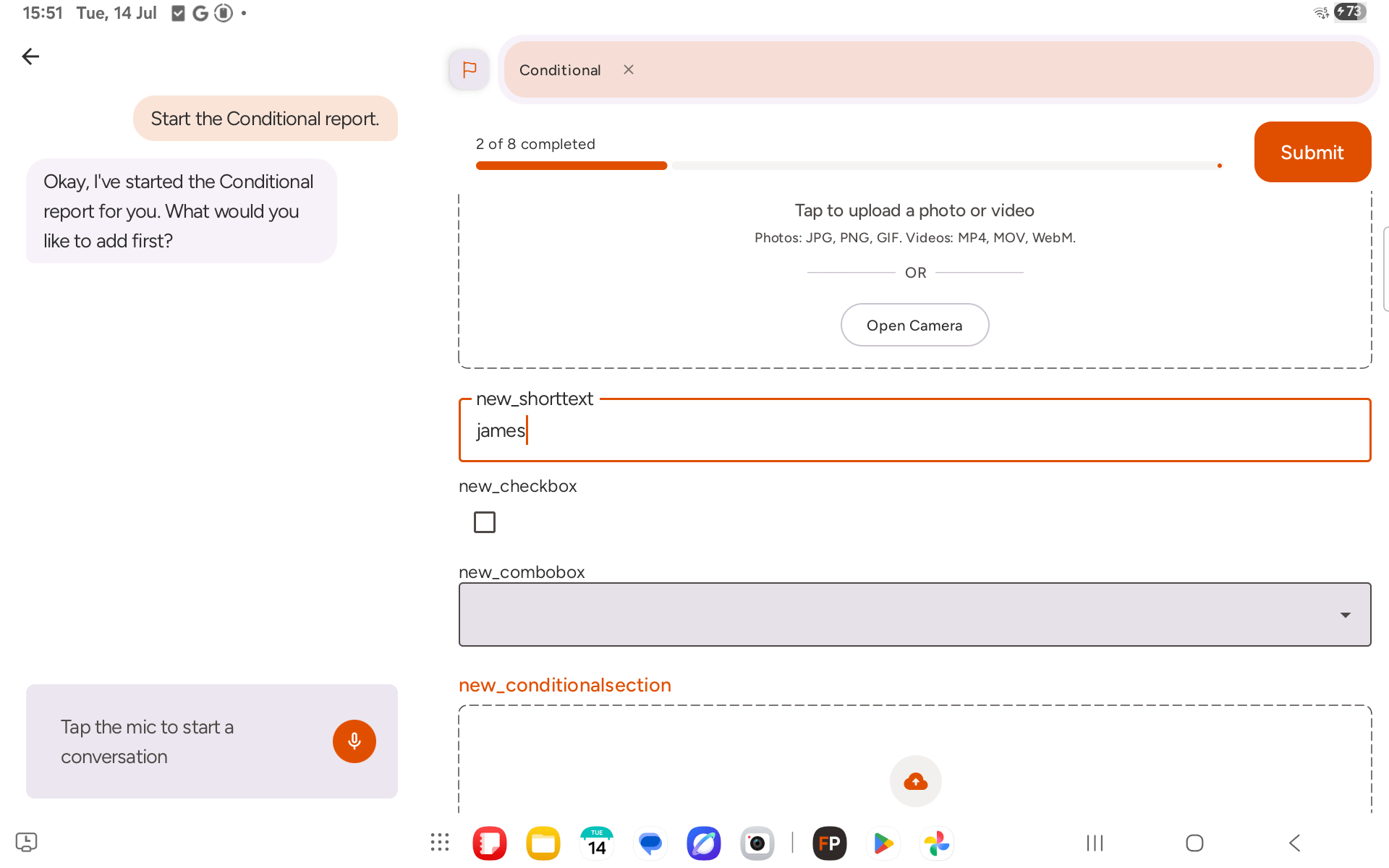 Short text field set to a matching value revealing a new section