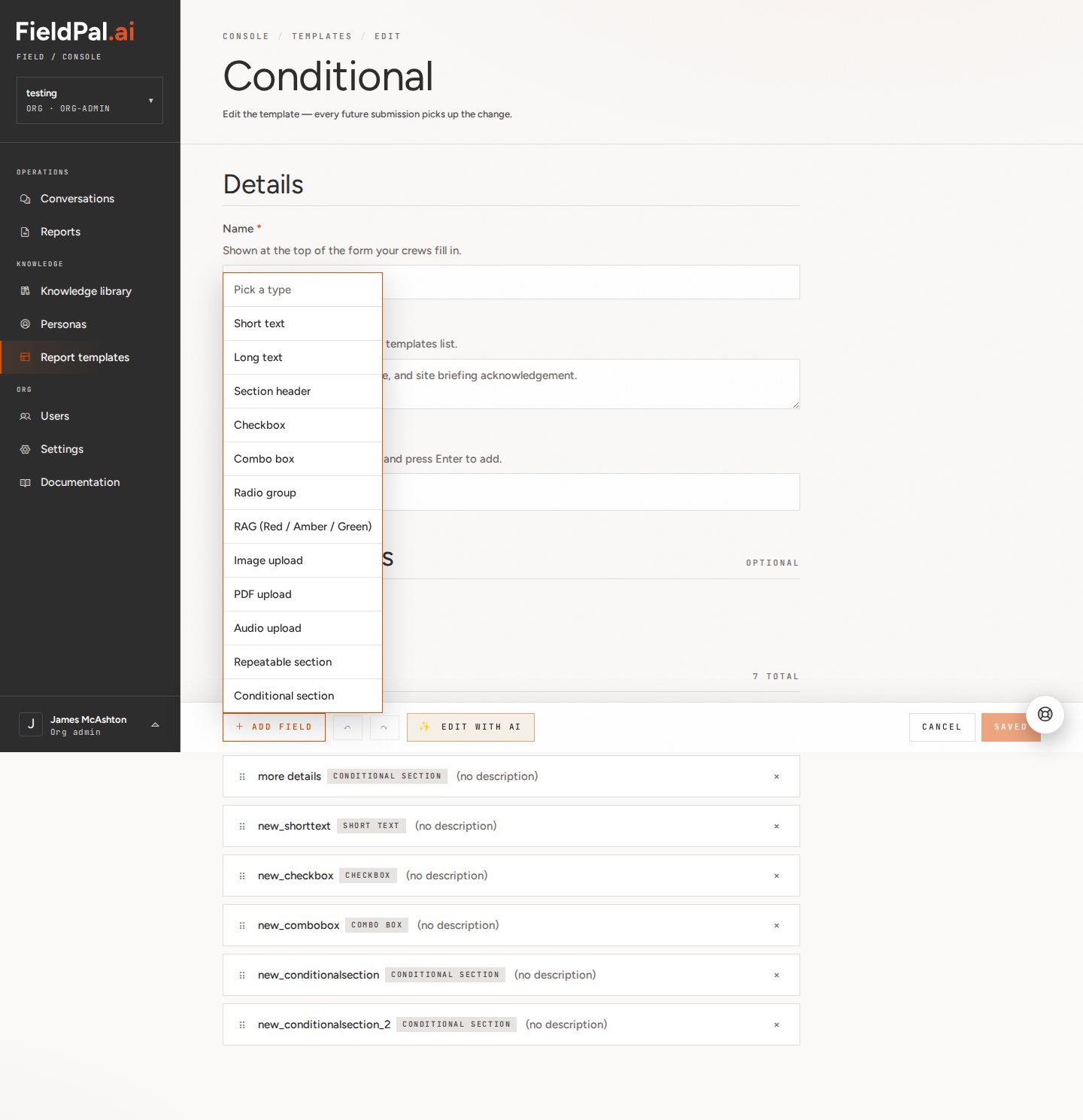 Field type picker with Conditional section highlighted