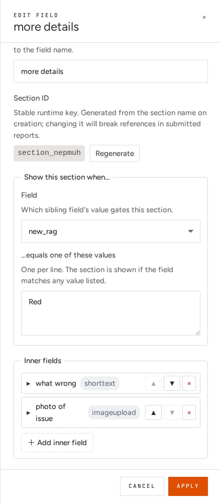 Show this section when panel, trigger field set to new_rag equalling Red
