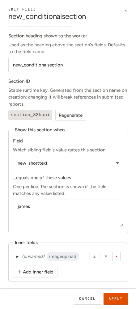 Trigger field set to a short text field equalling james