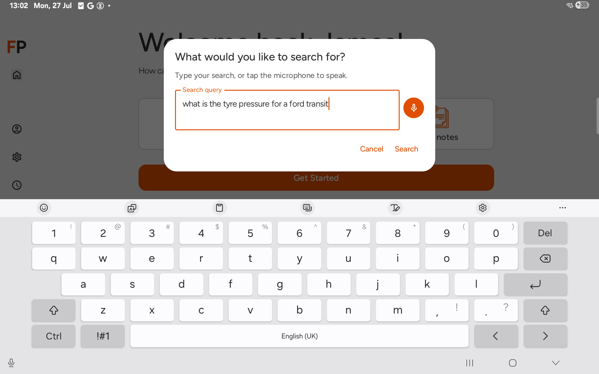 Search manuals dialog with a query typed in