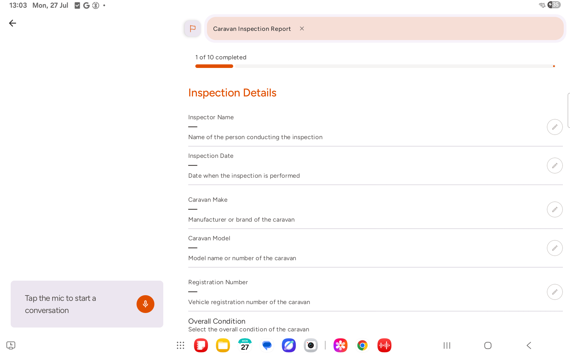 Report form with read-only text fields and a pencil edit button