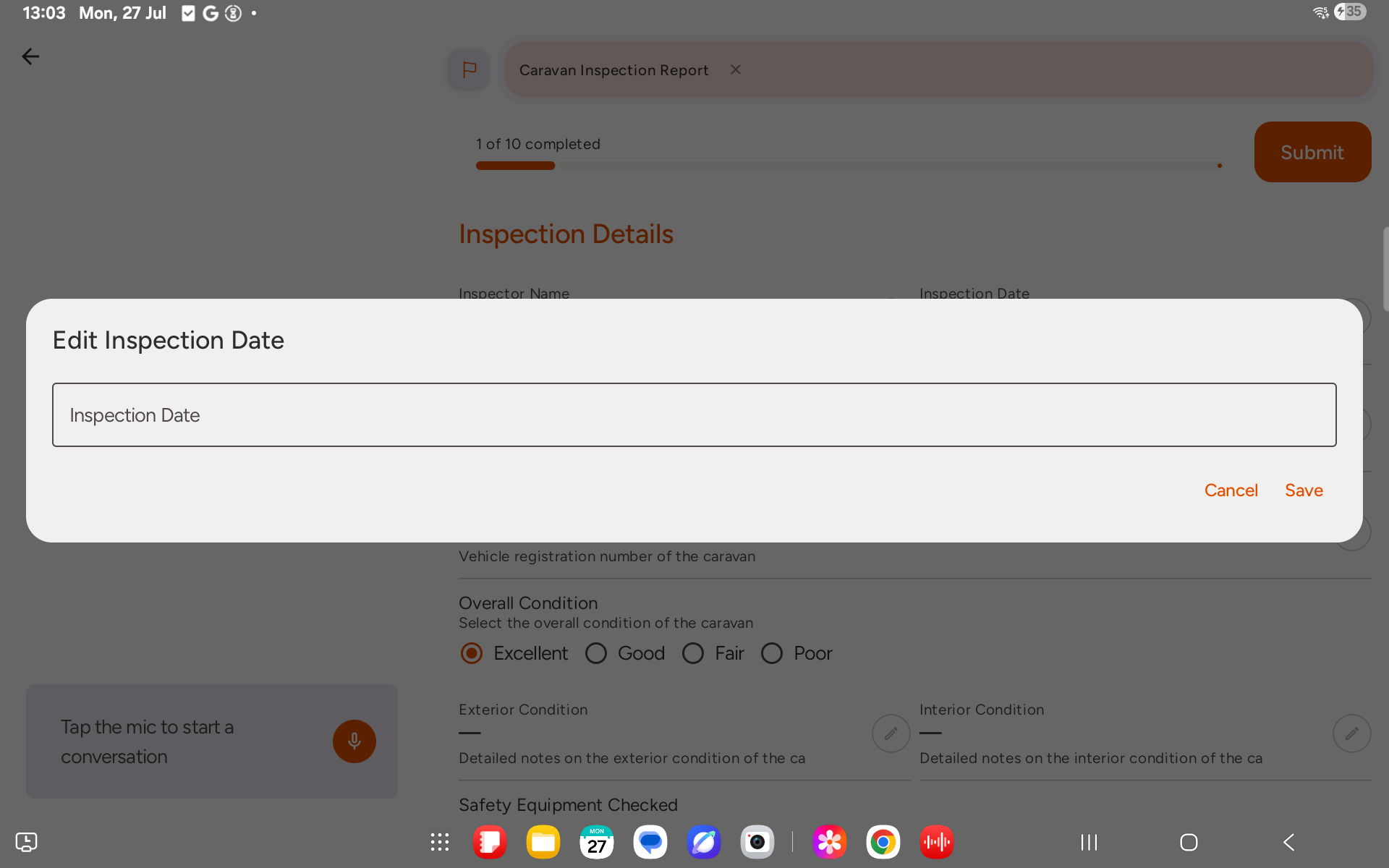 Edit dialog for a report text field with Save and Cancel buttons