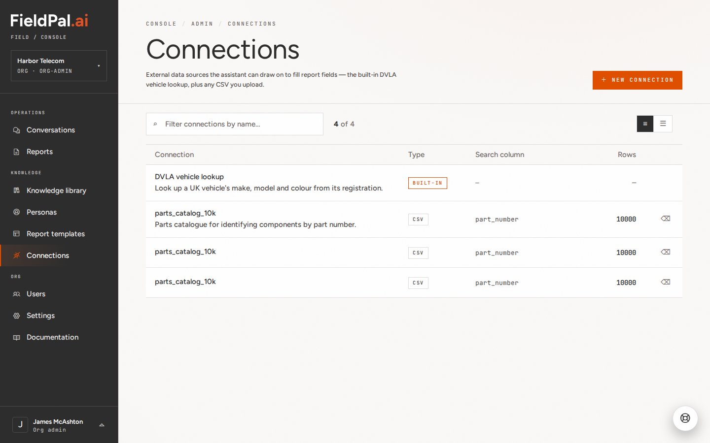 Connections landing page showing a table of existing connections