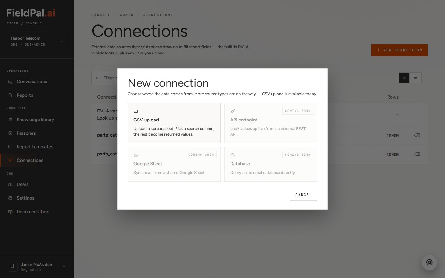 New connection dialog with source options