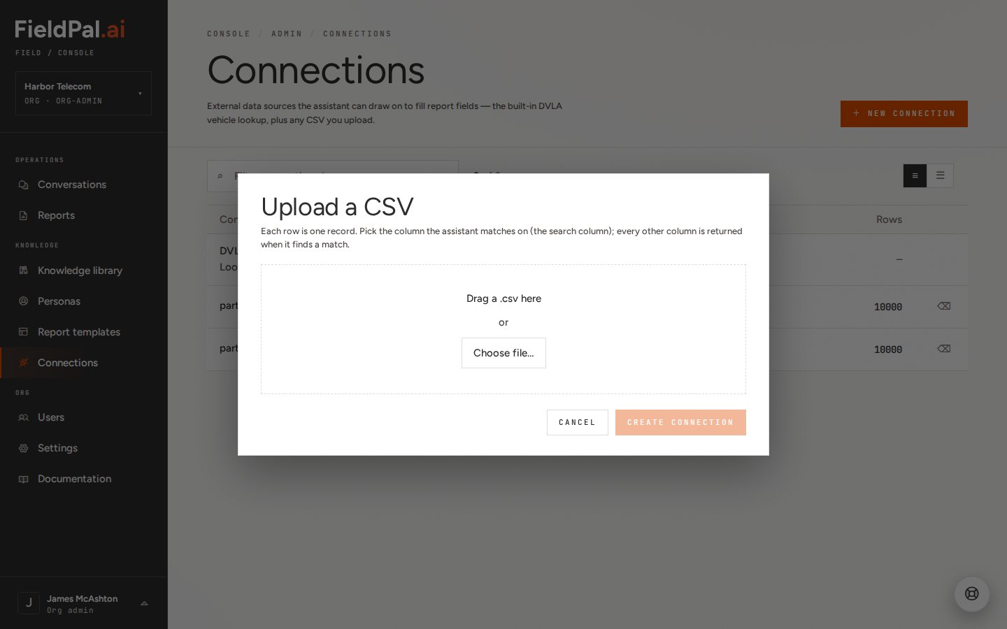 CSV upload dialog, empty and ready for a file