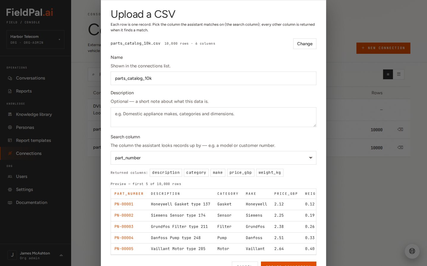 CSV loaded with auto-detected search column and preview table